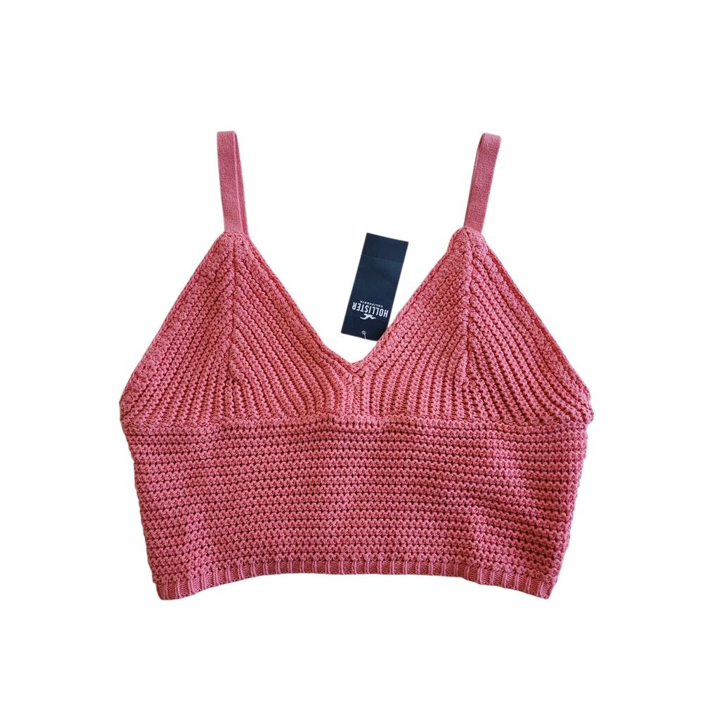 Hollister Coral Pink Crochet Knit Bralette Top Adjustable Straps Small NEW